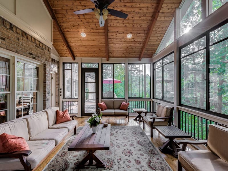 A beautiful room with custom porches constructed by Exterior Design + Decks in North Atlanta